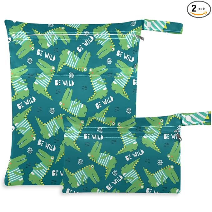visesunny Crocodile Cartoon 2Pcs Wet Bag with Zippered Pockets Washable Reusable Roomy for Travel,Beach,Pool,Daycare,Stroller,Diapers,Dirty Gym Clothes, Wet Swimsuits, Toiletries