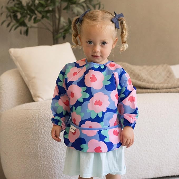 Tiny Twinkle Mess Proof Baby Bib, Cute Full Sleeve Bib Outfit, Waterproof Bibs for Toddlers, Machine Washable, Tug Proof Closure, Baby Smock for Eating, Long Sleeve (Floral Blue, Large 2-4 Years)