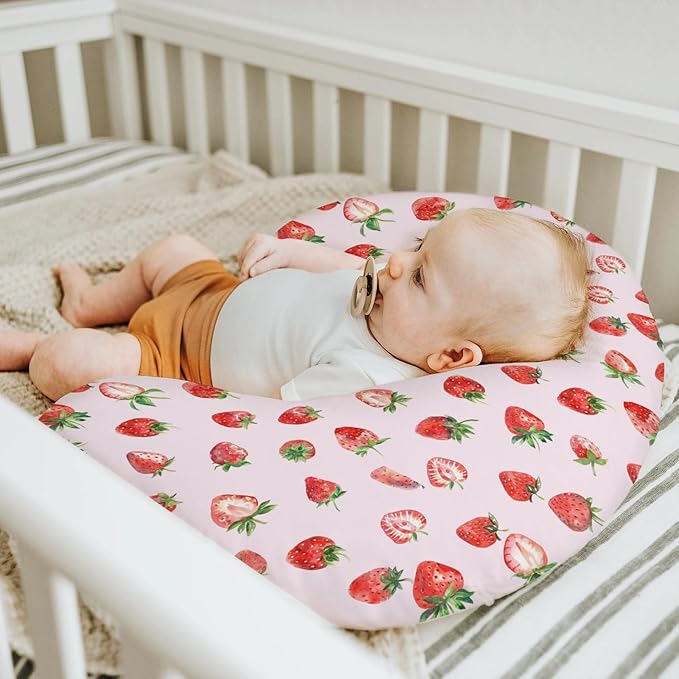 Red Strawberries Baby Nursing Pillow Covers for Boy Girl Watercolor Strawberries Fruit Nursery Slipcovers for Breastfeeding Pillows Sweet Summer Pink Soft Stretchy Removable Covers for Newborn Infant