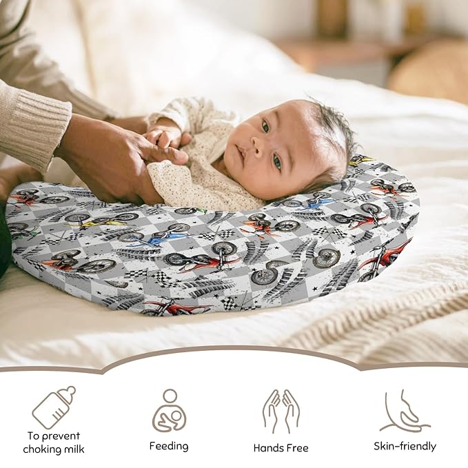 Vintage Motor Bike Checkered Nursing Pillow Cover Stretchy Removable for Baby Girls Boys Motorcycle Race Flag Stars Cover for Breastfeeding and Bottle Feeding Racing Vehicles Pillowcase