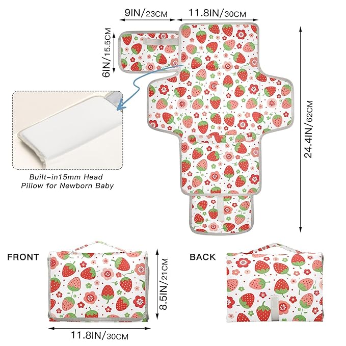 Portable Changing Pad for Baby - Strawberry Waterproof Diaper Changing Mat Travel Changing Pad with Built-in Pillow - Shower Gift for Baby