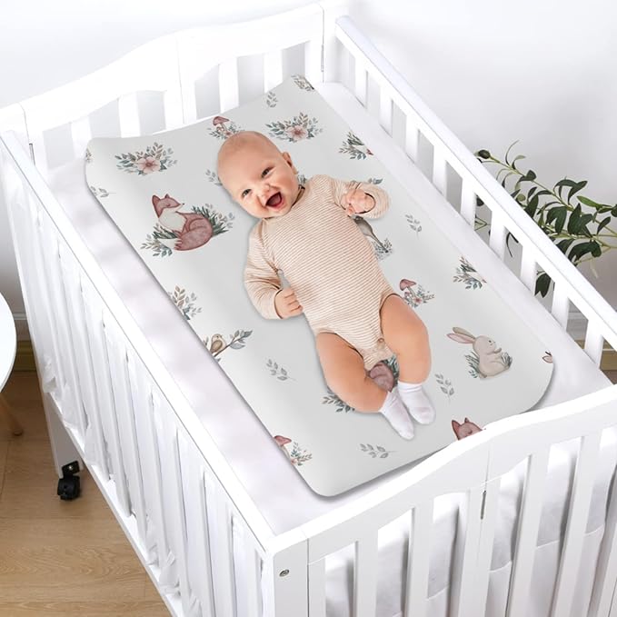Cute Animals Changing Pad Covers Baby Deer Rabbit Leaves Mushroom Unisex Diaper Change Table Sheets for Boys Girls Soft Breathable Stretchy Changing Table Sheets 32''x16''