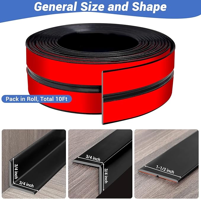 Wall Corner Protector, Peel and Stick Wall Corner Trim, Flexible Rubber Molding Wall Corner Guard, L Shaped Self Adhesive Edge Protector Moulding Trim for Wall Edge Ceiling, Black, 3/4in,10Ft