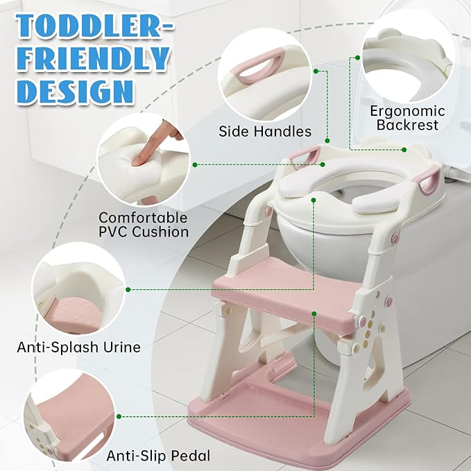 Potty Training Toilet Seat, Stable Potty Training Seat with Step Stool, 2 in 1 Toddler Toilet Seat with Steps for Kids Boys Girls, Toddler Potty Seat with Ladder, Splash Guard, Anti-Slip Pads (Pink)
