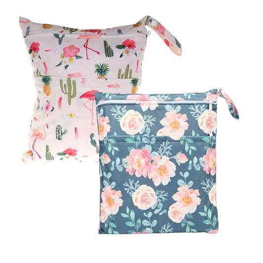 2 Wet Bags With Two Zippered Pockets Reusable For Diapers (Floral and Flamingo)