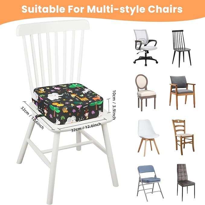 Toddler Booster Seat for Dining Table Kitchen Chair, Kids Booster Seat with Non-Slip Bottom and Adjustable Straps, 4" Detachable Washable Portable Travel Increasing Cushion (Jungle Animals)