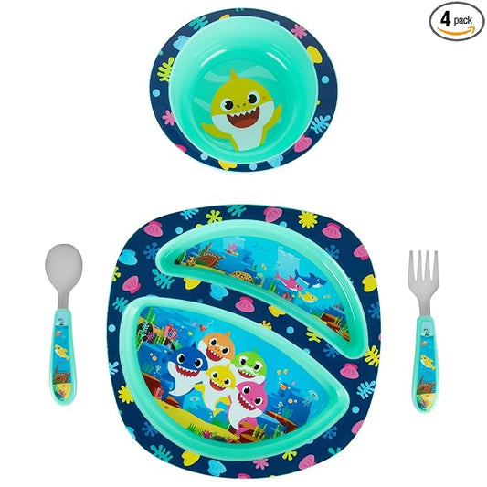 First Years Baby Shark Toddler Dinnerware Set - Includes Plate, Bowl, Fork and Spoon - 4 Count, Blue