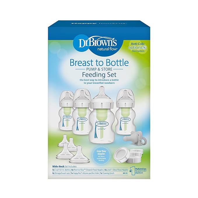 Dr. Brown's Anti-Colic Wide-Neck Feeding Set with Slow Flow Nipples, Travel Caps & Silicone Pacifier & Anti-Colic Options+ Baby Bottles, Narrow, 4 oz, 4pack