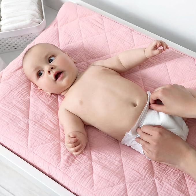 Frienda 2 Pack Pink Changing Pad Covers Waterproof Pink Bow Muslin Changing Pad Covers 32 x 16 Inch Coquette Quilted Cotton Fitted Diaper Sheet Breathable Extra Thick Sheets for Girls