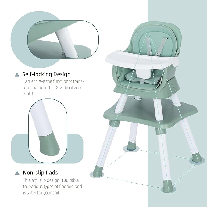 Baby High Chair, 8 in 1 Convertible Highchair, Booster Seat, Building Block/Activity Table, Stool, Feeding Chair with Dishwasher-Safe Tray, High Chairs for Babies and Toddlers (Green)