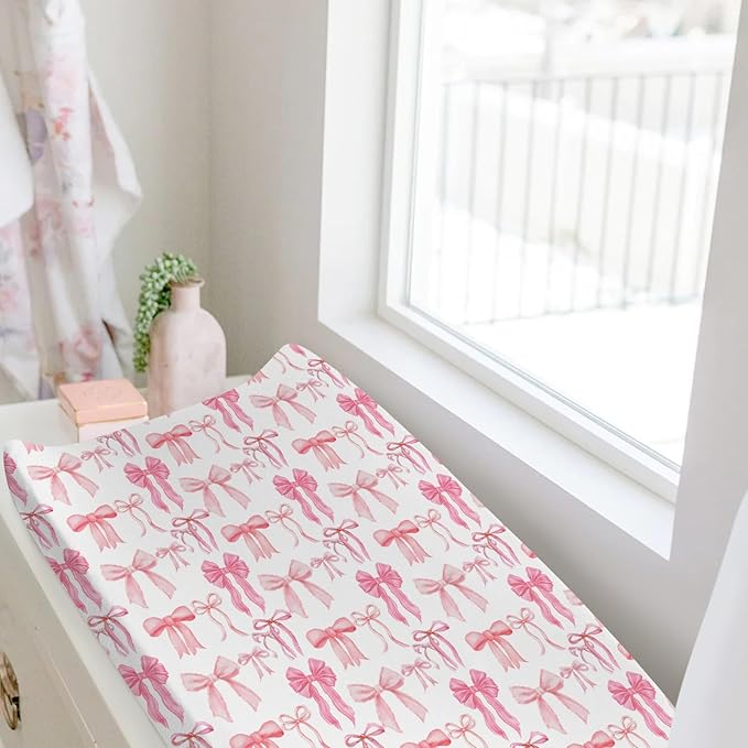 Baby Girls Changing Pad Covers Watercolor Pink Bows, Cute Ribbon Bowknot Safe Snug Fitted Diaper Table Sheet, Soft Breathable Stretchy Change Mat Shower Gift Fit 32 34 x 16