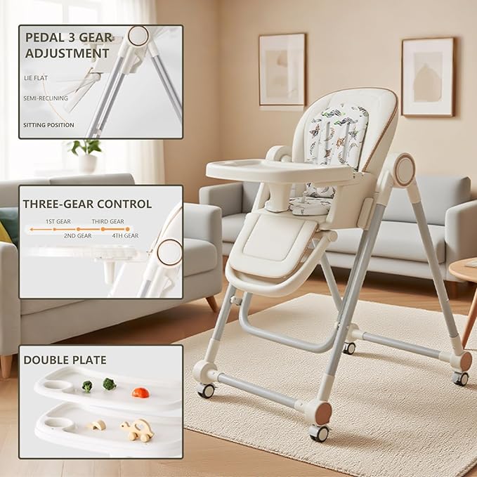 Baby High Chair,Adjustable 2-in-1 Baby High Chair,Portable Highchair for 1+ Years/Detachable PU Cushion/Locking Wheels KKK
