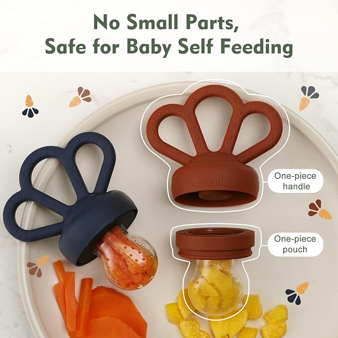 Carrot Baby Fresh Fruit Food Feeder & 2 Pack Silicone Mesh Feeders | Safe Infant Self-Feeding|Includes 3 Sizes of Food Pouches |Suitable for Baby 4M+|BPA-Free (Blue & Copper)