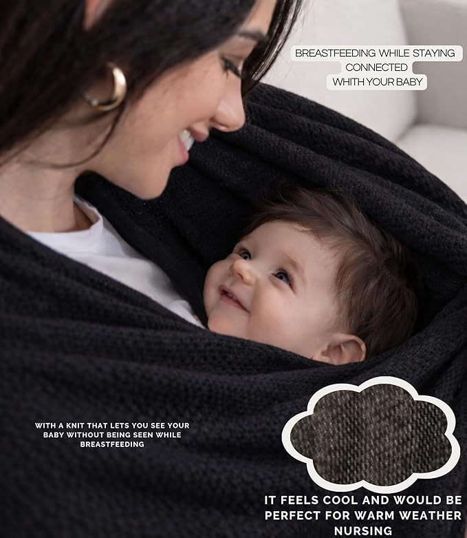 Set Premium Breast Feeding Covers for Women of All Body Types: Ultra Soft Stylish and Breathable Nursing Cover up for Breastfeeding + 4 Reusable Breast Pads for Nursing Comfort (Deep Onyx)