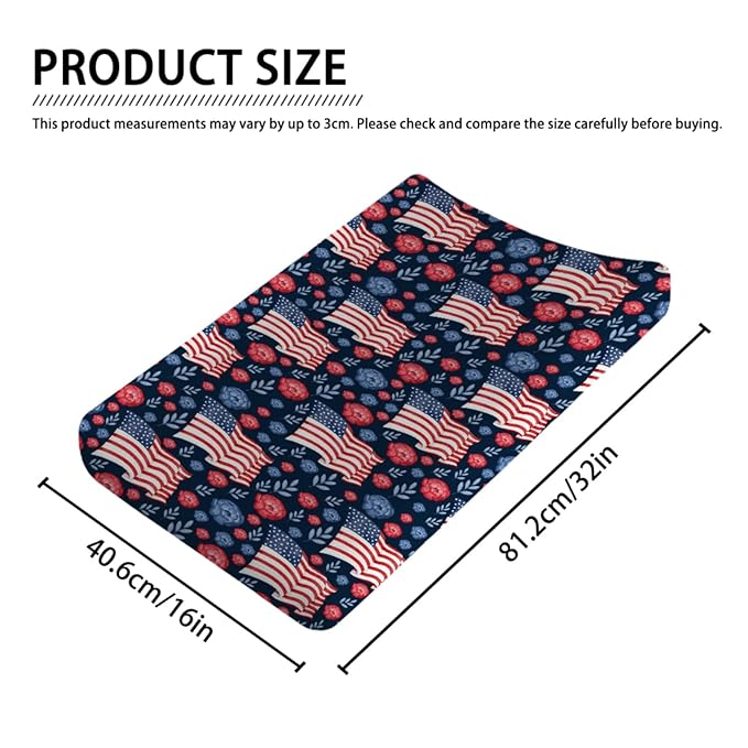 American Flag Blue Red Floral Diaper Changing Pad Covers for Boy Girl 32''x16'' Patriotic 4th of July Unisex Fitted Change Table Sheets Independence Day Soft Breathable Baby Changing Table Mats Navy