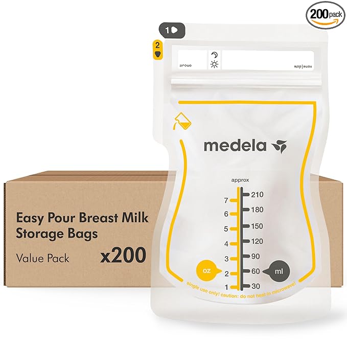 Medela Easy Pour Breastmilk Storage Bags 200 Count 7oz/210ml Disposable, Leakproof, Fast Freeze, Breast Milk Protection Recyclable & BPA Free
