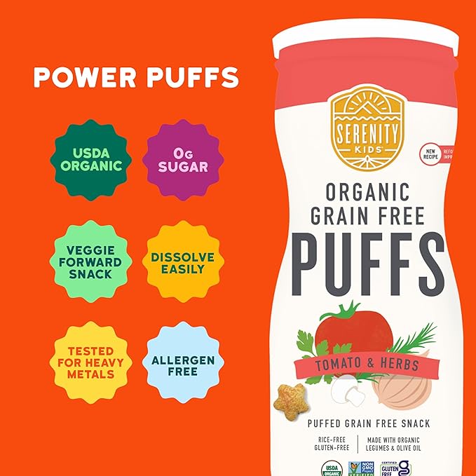 Serenity Kids 6+ Months Grain-Free Baby Puffs - Tomato & Herbs USDA Organic Baby Snacks - Allergen Safe Toddler Snacks - Quick-Dissolve Infant Puffs - 1.5 Oz Pack of 1