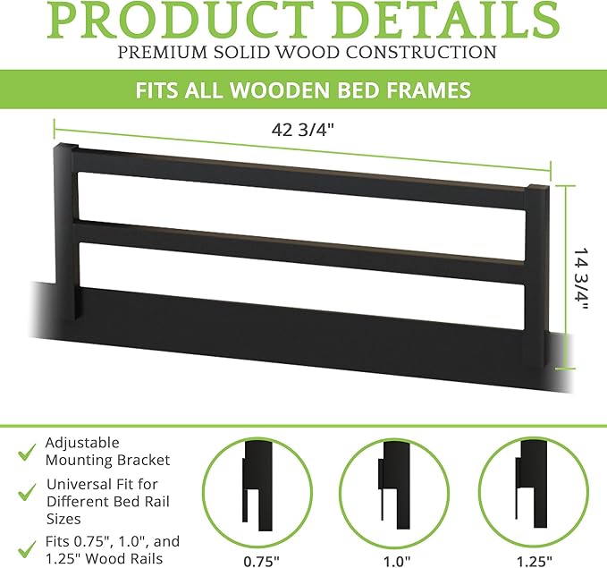 CC KITS Safety Guard Rail for Baby, Kids, and Children - Solid Wood Safety Bed Rail for Toddlers - Easy Installation - Premium Protection for Bunk, Twin, Full, Queen and King Size Beds - (Black)
