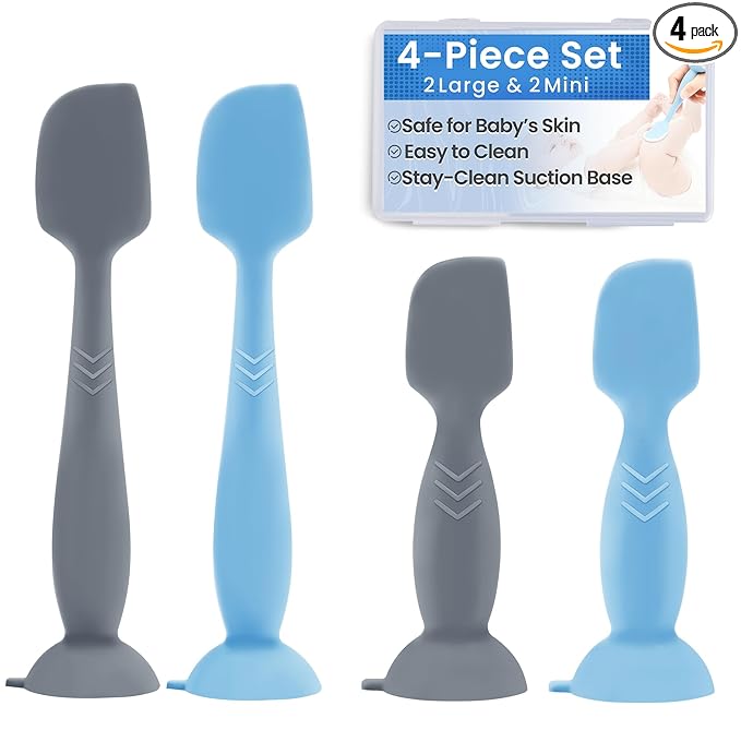 4-Pack Diaper Cream Spatula – Soft-Flex Silicone Butt Spatula for Babies, 2 Large & 2 Mini with Travel Case, Gentle Yet Firm Tip for Smooth, Even Diaper Rash Cream Application, Newborn Baby Essential