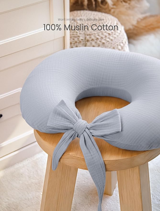 lulumoon Muslin Nursing Pillow Covers - 2-Pack Cotton Slipcovers for Breastfeeding Pillow - Extended Adjustable Strap for Secure Fit & Stable Support - Hidden Zipper Safety for Bottle-Feeding