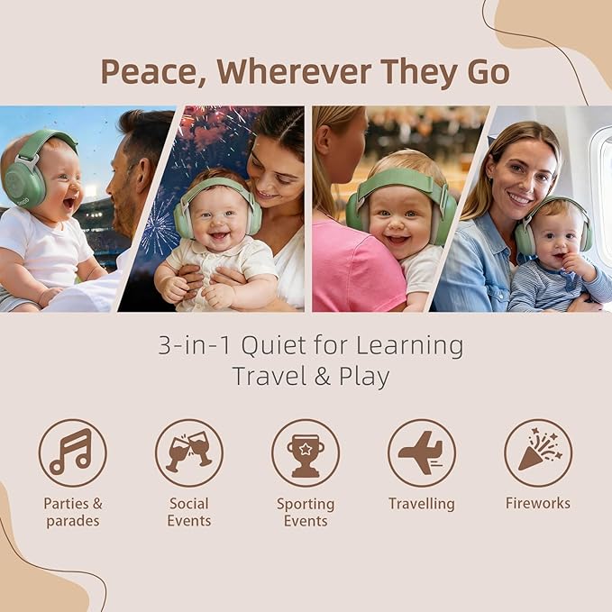 Baby Muffs Noise Reduction Headphones for Toddlers, Protects Hearing Earmuff for Baby 3–48 Months, 24dB Noise Cancelling Headphones for Airplane Travel, Party and Fireworks.
