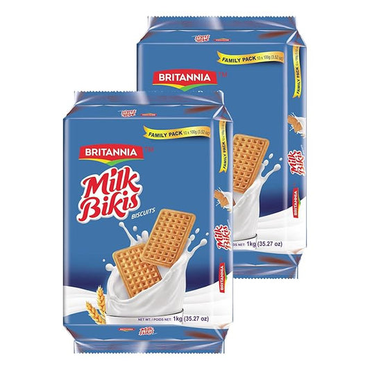 Britannia Milk Bikis Cookies 35.20oz (1kg) - Cream Sandwiched Crispy Cookies - Kids Favorite Breakfast & Tea Time Snacks (Pack of 2)