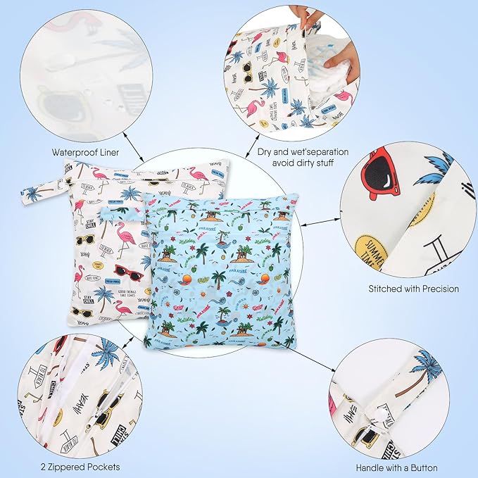 2pcs Cloth Diaper Wet Dry Bags, Waterproof Reusable Wet Bag with 2 Zipper Pockets & Handle, Washable Laundry Bags for Baby Adult Clothes Travel Beach Pool Daycare Yoga Gym Exercise Swimsuits,