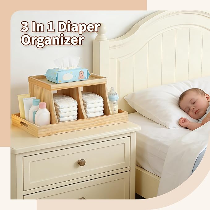 Three colors Diaper Organizer, Wooden Diaper Caddy Organizer, Changing Table Organizer, Diaper Storage Organizer, Nursery Baby Organization (Brown)