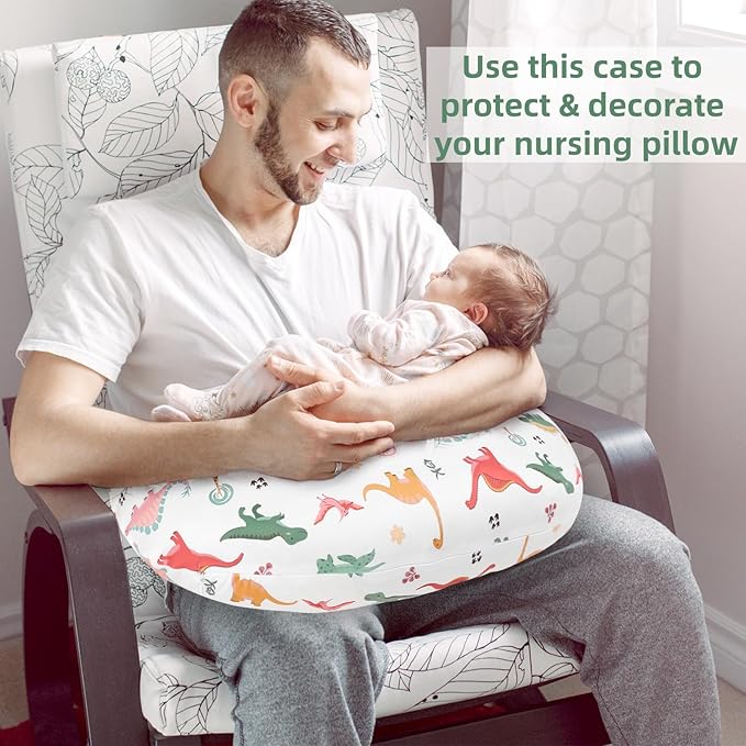 Nursing Pillow Cover, Breastfeeding Pillow Cover Case for Baby Girls Boys, Soft & Breathable, White Dinosaur (Only Cover)