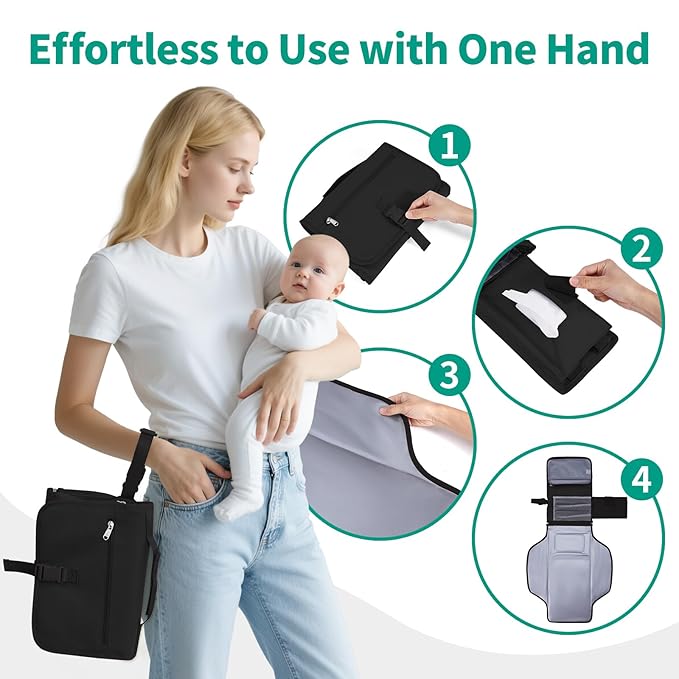 CEICEI Portable Diaper Changing Pad Waterproof Travel Baby Changing Mat with Large Wet/Dry Pocket & Elastic Wipes Pockets, Foldable Compact for On-The-Go Diaper Changer (Black)
