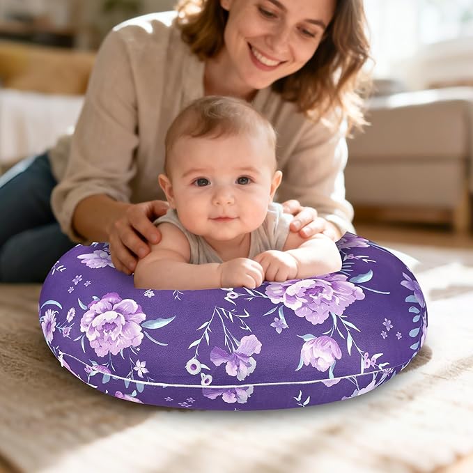 Nursing Pillow Cover, Breastfeeding Pillow Cover for Baby Girls Boys, Soft Stretchy Nursing Pillowcase for Infant Newborn, Removable Slipcover for Nursing Pillows, Purple Floral(Only Cover)