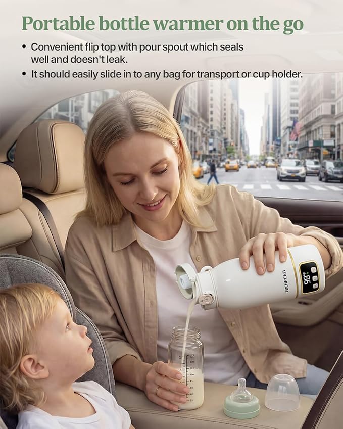 Portable Bottle Warmer for Travel, Fast Baby Bottle Warmer Portable with Precise Temperature Control, 17 OZ Milk Warmer, Leak-Proof Cordless Breastmilk Warmer, Fits Most Baby Bottles for On the Go