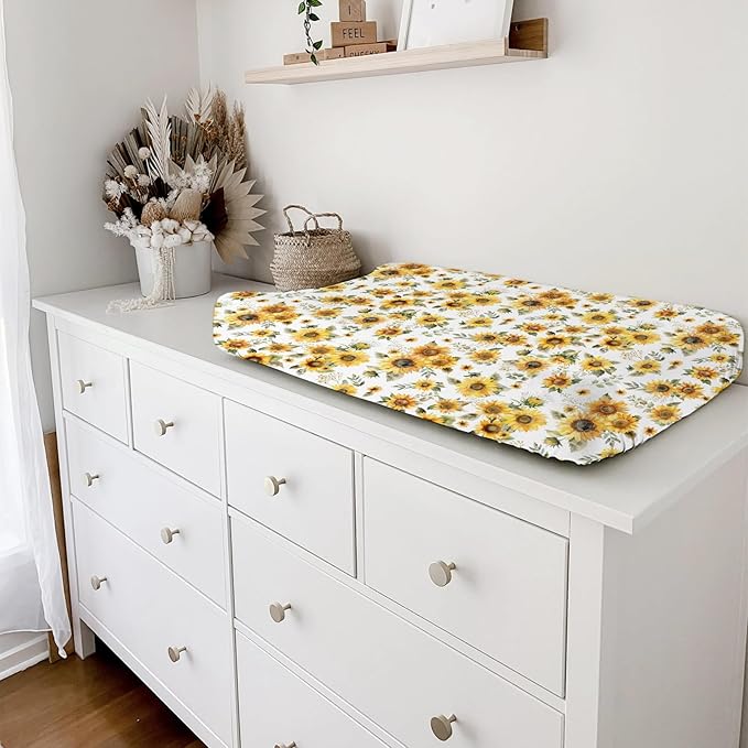 Watercolor Yellow Sunflowers Changing Pad Covers Boho Sunflowers Leaves Baby Changing Table Sheets for Boy Girl Summer Wild Floral Soft Breathable Stretchy Diaper Changing Table Mats 32''x16''