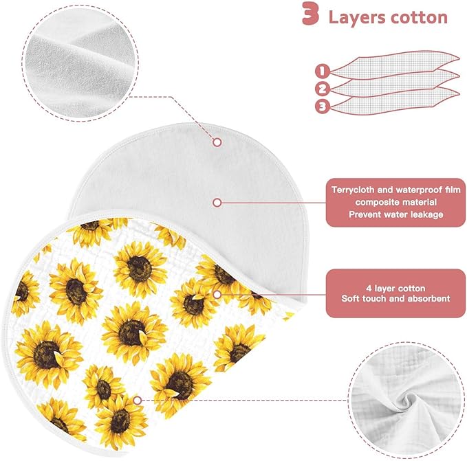 Muslin Burp Cloths for Baby Boys and Girls - 4-Pack Ultra Absorbent Sunflower Muslin Washcloths, Newborn Towel, Milk Spit Up Rags, Burp Cloth Bib for Unisex, 22 x 11 Inch