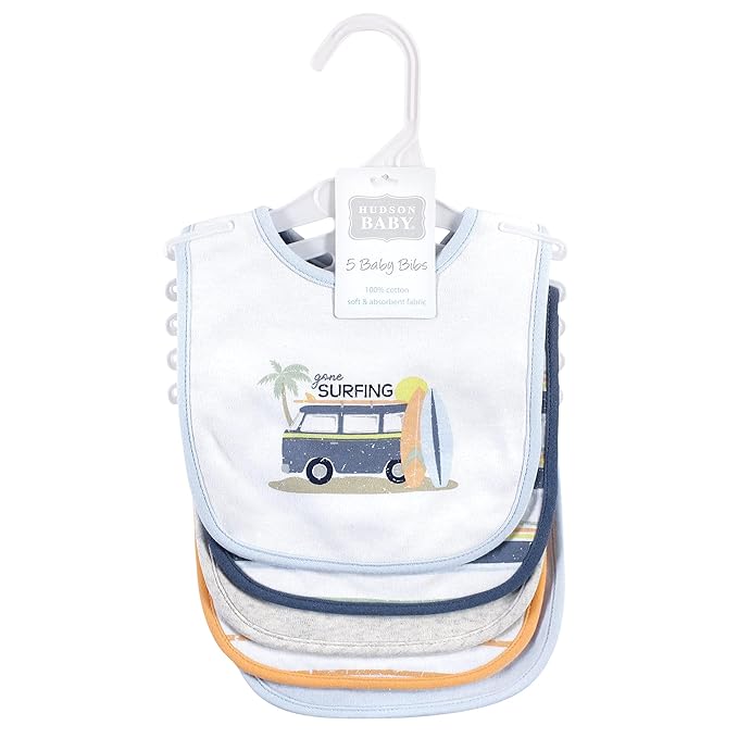 Hudson Baby Unisex Baby Cotton Bibs, Gone Surfing, One Size