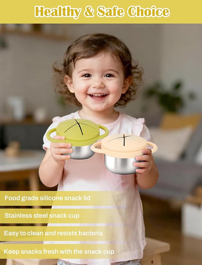 2 Pack Stainless Steel Snack Cups for Toddlers Spill Proof, Toddler Snack Containers with Spill-Proof Silicone Lids & Handles, Dishwasher Safe Perfect for Mess-Free Snacking (Orange+Blue)