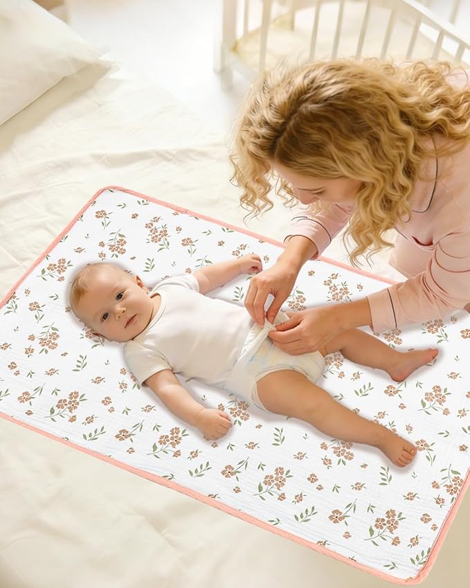 Waterproof Portable Changing Pad 2 Pack, Muslin Cotton Baby Changing Mat Comfortable & Breathable, Foldable Diaper Changing Pad for Travel, Machine Washable, Flower & Pink