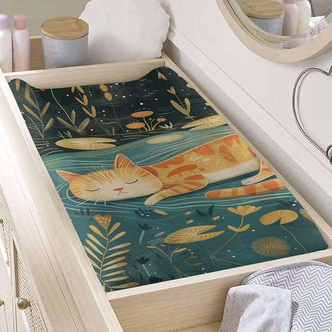 Changing Pad Covers for Boys Girls, Leaf Cat Diaper Changing Table Pad Cover Soft Breathable Changing Mat Cover for 32''x16" Cute Birthday Gifts for Baby