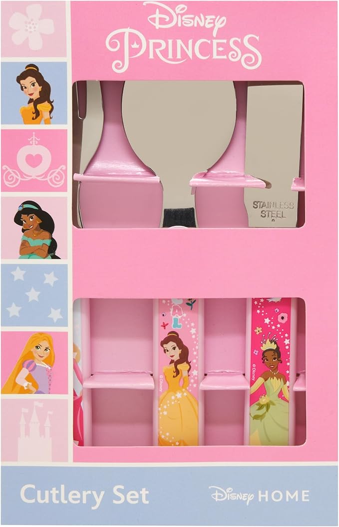 Disney Princess 3 Piece Cutlery Set - Metal, Reusable Children's Knife, Fork & Spoon, Kids-Size, Made from Food-Safe Stainless Steel & ABS Plastic - with Belle, Tiana & Aurora - for 36 Months & Up