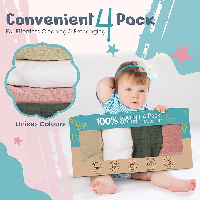 100% Muslin Changing Pad Cover Ultra Soft 120GSM Baby Changing Pad Covers for Girls and Boys - Easy wash Diaper Changing pad Cover with Low Shrinkage (4 Pack - White/Sage Green/Beige/Sand)