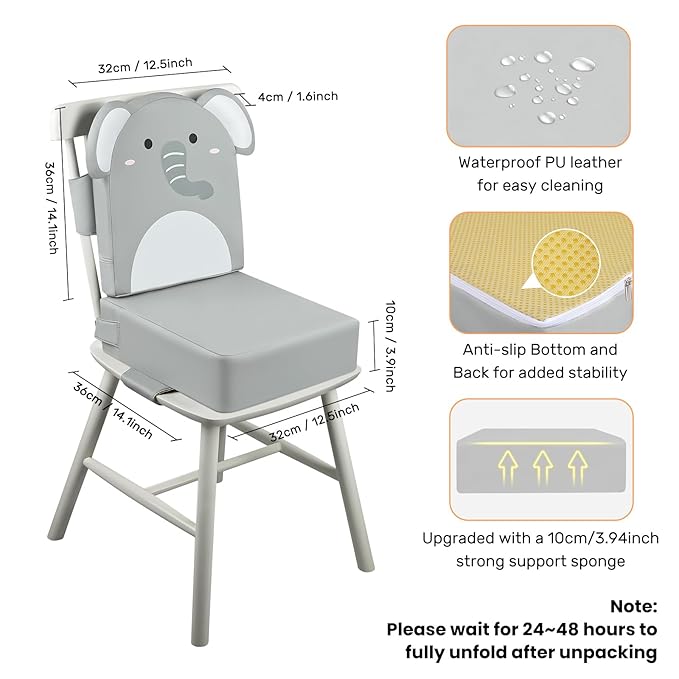 Toddler Booster Seat for Dining Table with Backrest, 4inch Non-Slip Kids Booster Seat for Kitchen Chair, PU Waterproof Detachable Increasing Cushion (Gray Elephant)