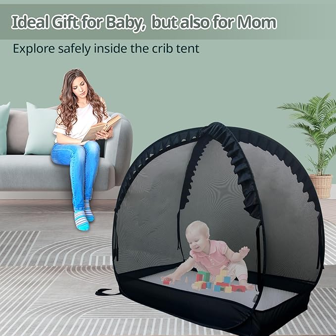 South to East Crib Tent, Pop Up Safet Crib Net to Keep Baby from Climbing Out, Breathable & Skin-Friendly Mesh Crib Cover, Strong and Firm X Metal Frame, Mosquito Netting for Baby, Black