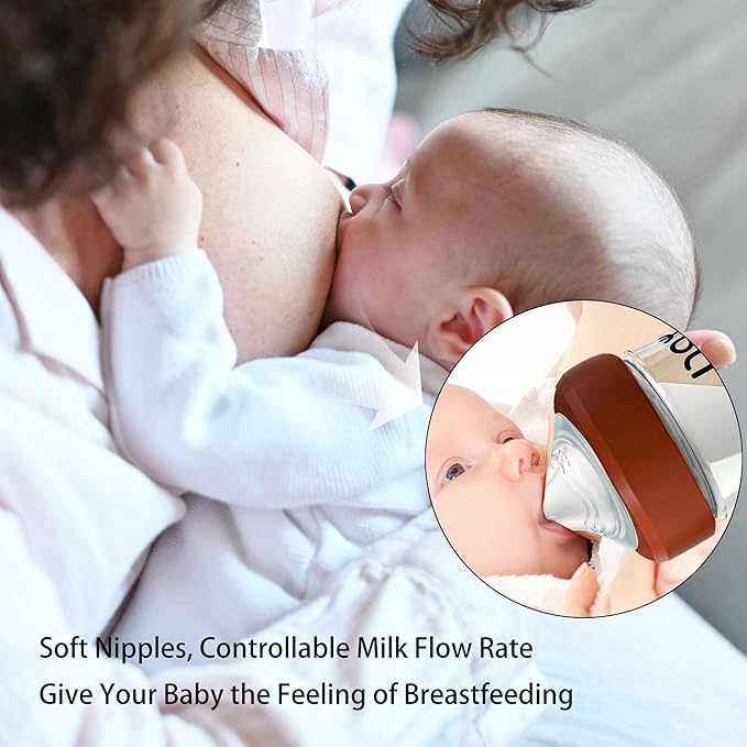 yanyoyo Natural Glass Baby Bottle for Breastfeeding Babies, 3oz Newborn Anti-Colic Baby Bottle with Slow Flow Nipples (SS), Clear, Wide Neck, 4 Pack, 0 Months+