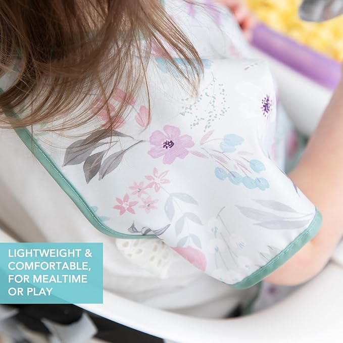 Bumkins Short Sleeve Bib for Girl or Boy, Toddler and Kids for 1-3 Years, Large Size, Essential Must Have for Junior Children, Eating, Mess Saving Soft Fabric Apron for Play, Floral Gray
