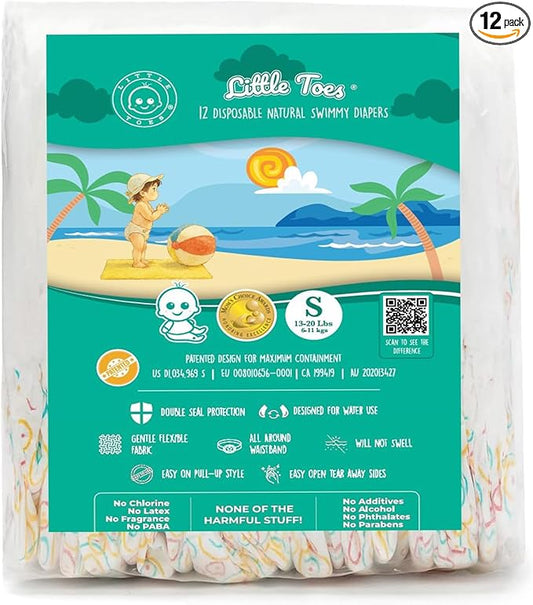 Little Toes Premium Natural Disposable Swim Diapers, Size 1–2 Small (13–20 lbs) (12 Count) | Baby Disposable Swim Diapers | Hypoallergenic, Chlorine & Fragrance-Free | Gentle on Sensitive Skin