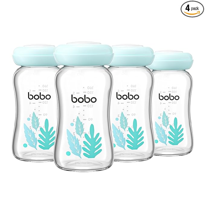 YOHKOH Glass Breast Milk Storage Bottles - 100% Leak-Proof, BPA-Free Breastmilk Storage Containers, Freezer & Dishwasher Safe, Ideal for Nursing Mothers (Blue, 5.4oz (Pack of 4))