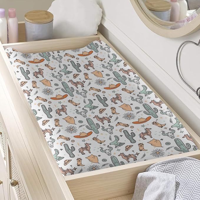 Western Cactus Horse Cow Skull Native Sun Moon Stars American Pattern Baby Changing Pad Cover, Unisex Western Nursery Diaper Changing Table Pad Mat Sheet for Boys Girls-16x32