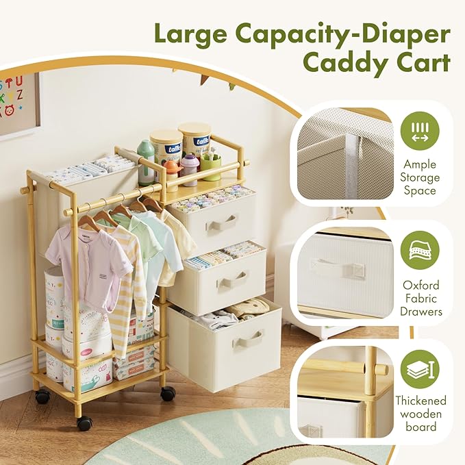 Solid Bamboo Baby Diaper Caddy Cart, Diaper Cart Organizer with Wheels, Mobile Multi-Functional Small Baby Care Station, Store All baby Supplies，for Nursery, Changing Table and Crib