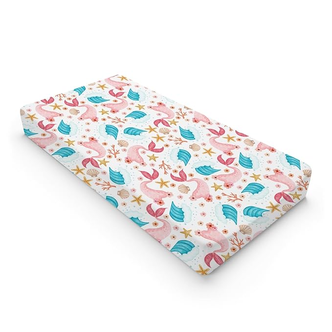 Colorful Nautical Life Changing Pad Cover Mermaid Starfish Conch Coral Wave Baby Change Table Pad Cover for Boy Girl Sea Ocean Marine Animal Soft Stretchy Fitted Diaper Changing Mat Sheets 32''x16''
