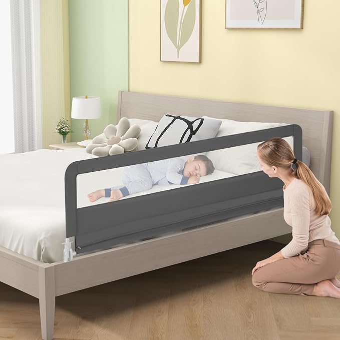 GLACER Foldable Bed Rail for Toddlers - 71" Bedrail w/Safety Straps, Child Lock & Removable Oxford Cover, Swing Down Baby Bed Rail Guard for Crib, Full, Twin, Double, Queen & King Bed (Grey, 1 Pack)